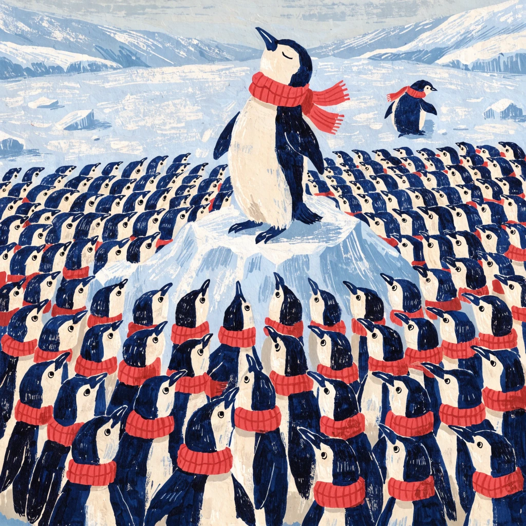 A penguin in a red scarf stands above an attentive crowd of penguins.