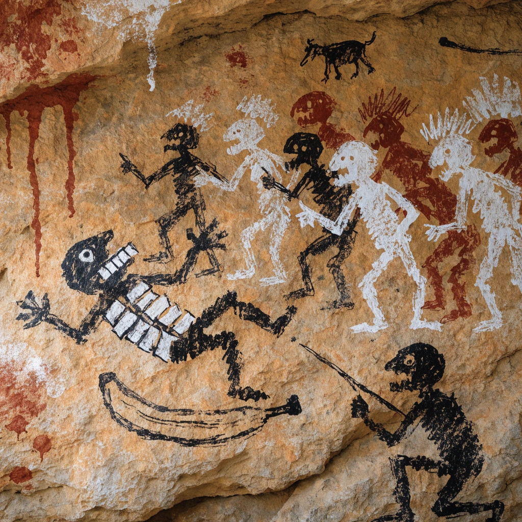Cave-painting-style illustration of figures laughing around a banana.