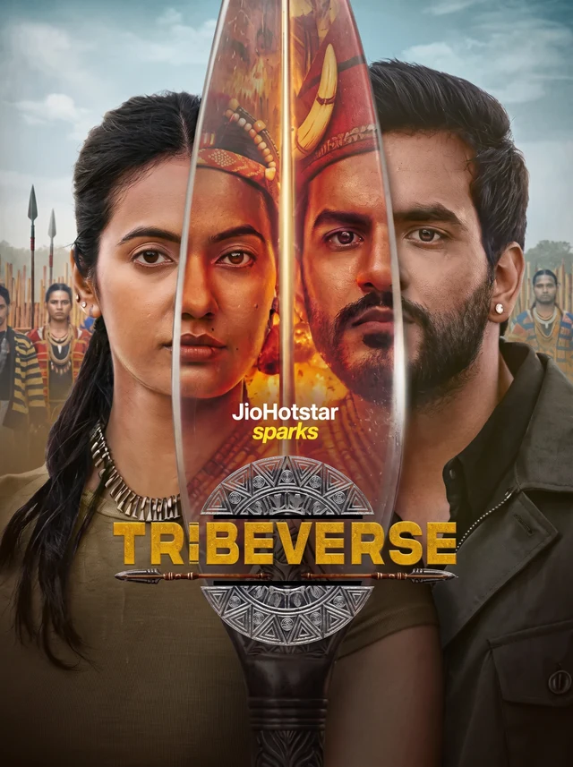 Tribeverse poster with split portraits across a blade and JioHotstar Sparks branding.