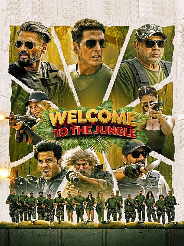 Welcome to the Jungle poster with an ensemble collage and jungle imagery.